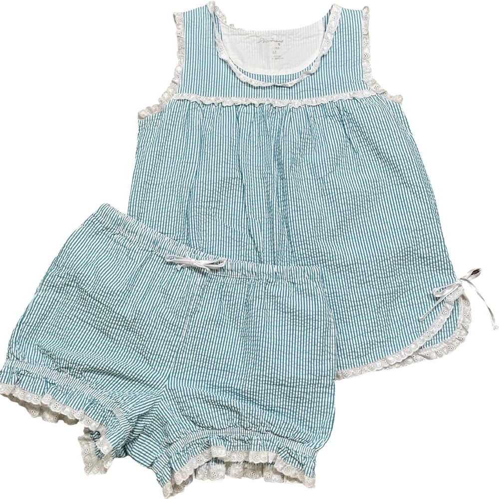 Vermont Country Store Pajama Short Set Women M Blue White Seersucker Eyelet Lace